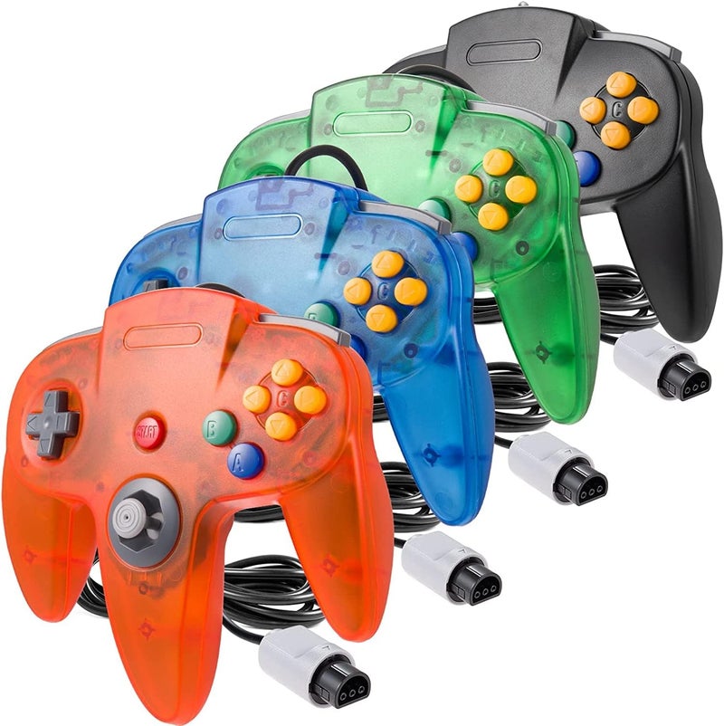 miadore 4 Pack Classic 64 Controller, Wired N64 Controllers with Upgraded Joystick (Non PC USB Version) (Black/Clear Green/Clear Blue/Clear Orange) - Image 1